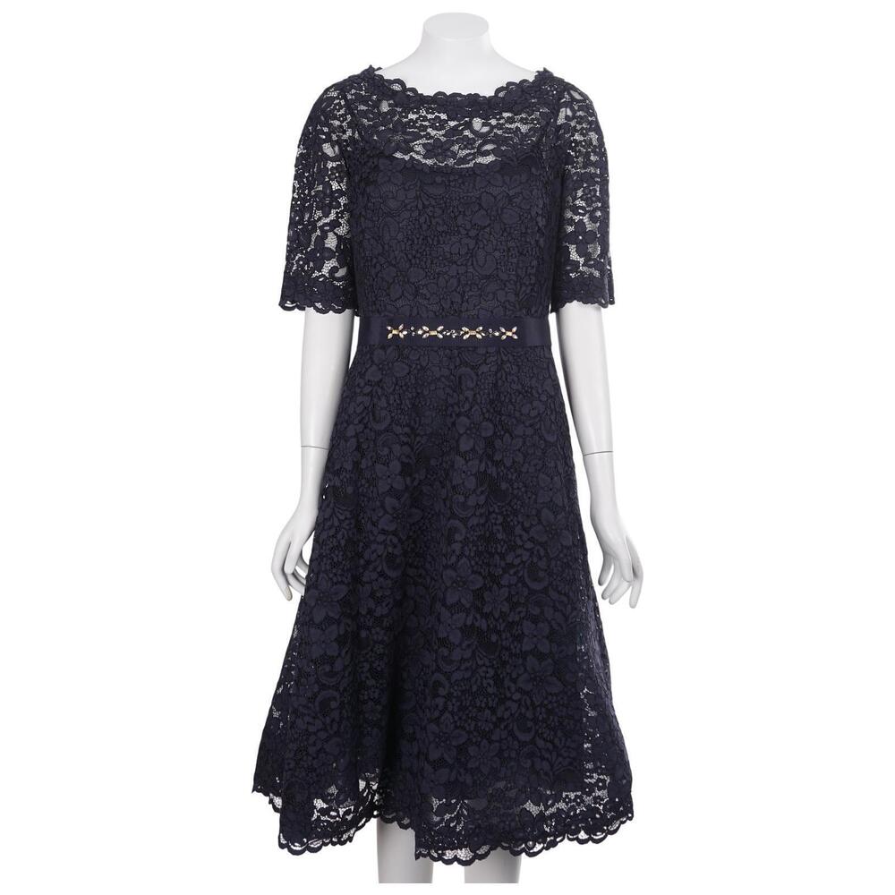 Teri Jon Rickie Freeman Dress 6 Navy Blue Lace Fit & Flare Boat Neck Cocktail